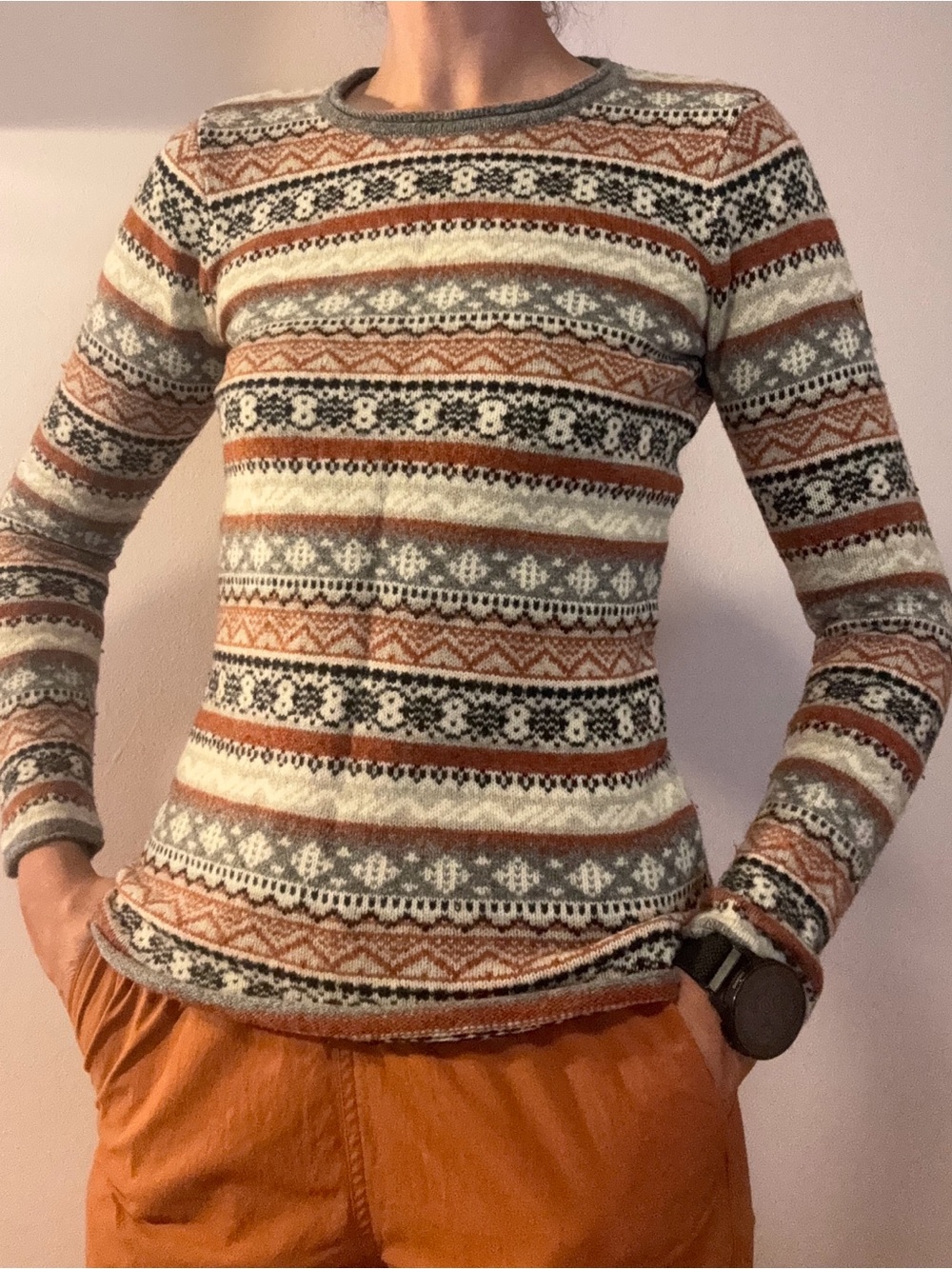 Fjallraven XXS Ovik Folk Knit Striped Knit Sweater in Cream, Rust & Black